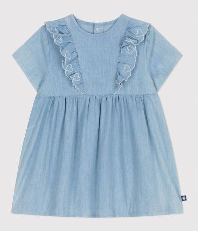 Robe bébé en coton manches courtes en chambray, brodée de cœurs