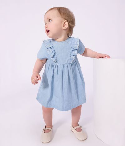 Robe bébé en coton manches courtes en chambray, brodée de cœurs