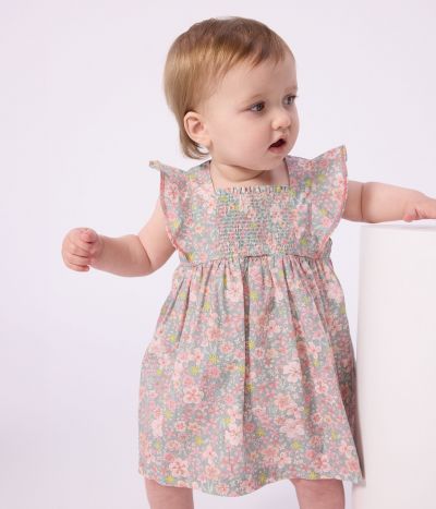 Robe bébé en coton manches courtes et son bloomer imprimés fleurs