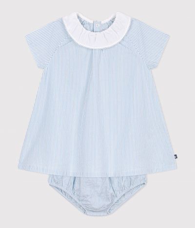 Robe bébé en coton manches courtes et son bloomer, rayés