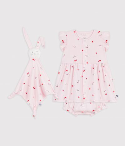 Ensemble cadeau bébé robe et doudou en coton imprimés fleurs