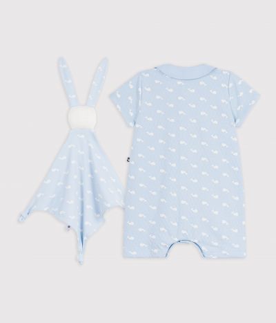 Ensemble cadeau bébé combinaison et doudou imprimés baleines