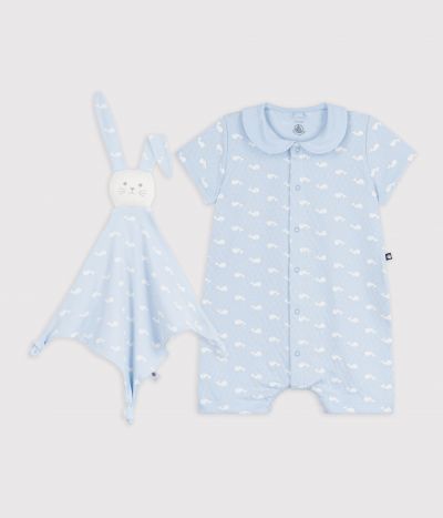 Ensemble cadeau bébé combinaison et doudou imprimés baleines