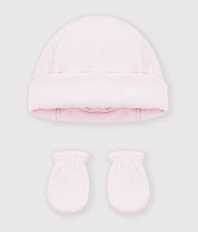 Lot de bonnet et moufles bébé uni