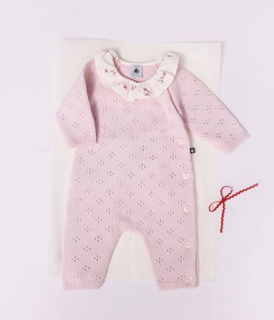 Combinaison bébé en tricot laine et coton à col uni
