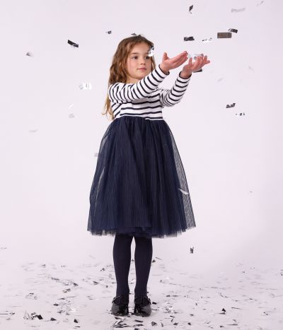Robe enfant en coton et tulle manches longues à rayures