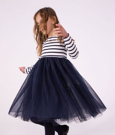 Robe enfant en coton et tulle manches longues à rayures