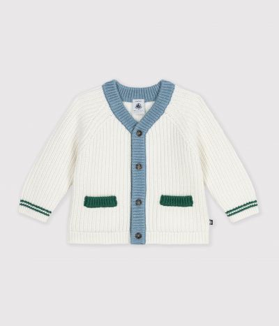 Cardigan bébé en tricot laine et coton à détails contrastés