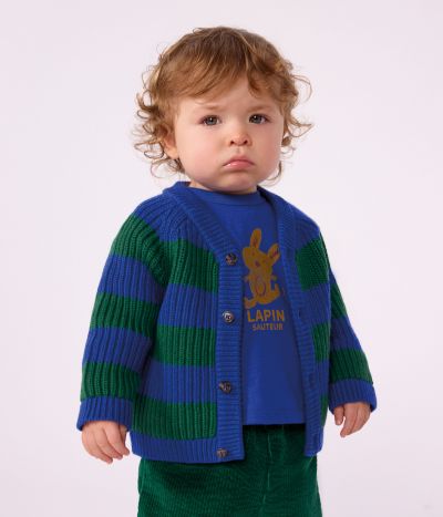 Cardigan bébé en tricot laine et coton rayé