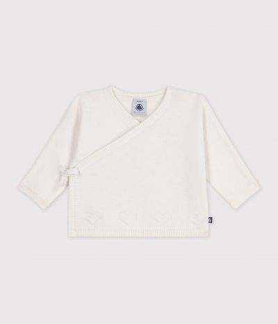 Brassière bébé cache-cœur en tricot laine et coton ajouré