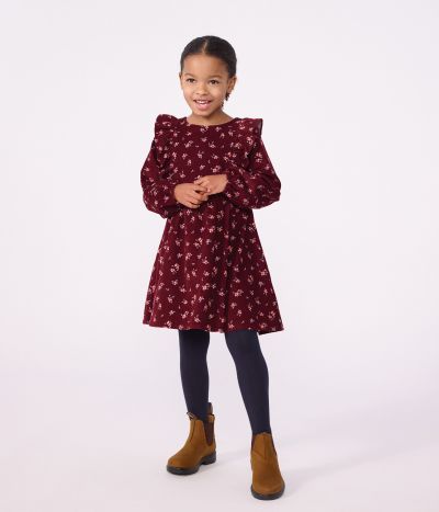 Robe enfant en velours manches longues à fleurs