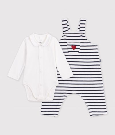 Ensemble salopette et body bébé en coton avec col, à rayures