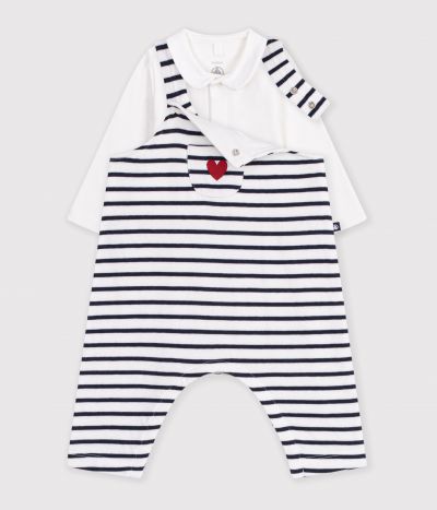 Ensemble salopette et body bébé en coton avec col, à rayures