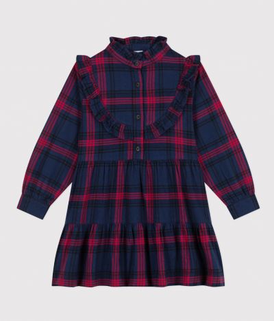 Robe à carreaux manches longues en flanelle de coton à carreaux enfant fille