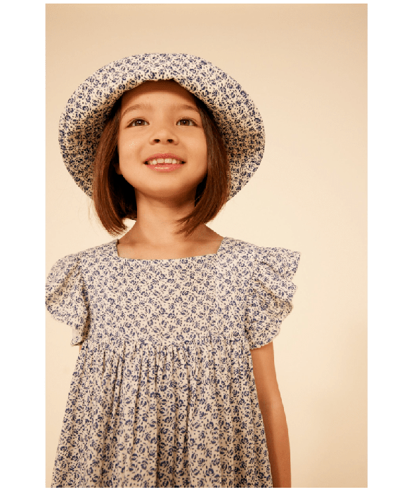 Capeline en gaze de coton fleurs bleues enfant fille