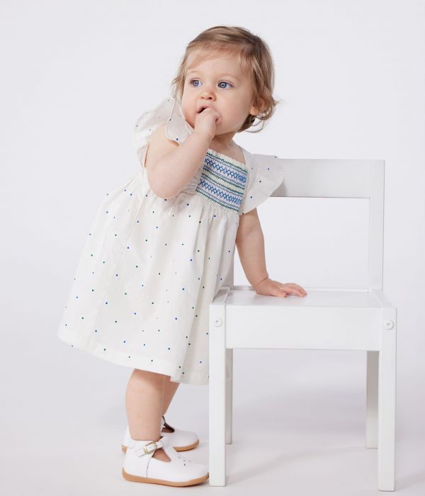 Robe blanche bébé en coton et son bloomer, imprimés à pois
