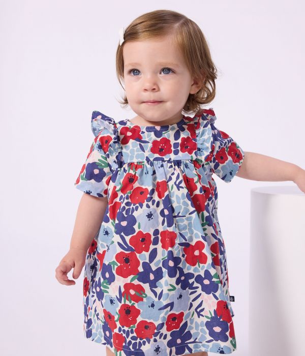 Robe bébé en coton manches courtes et son bloomer imprimés fleurs